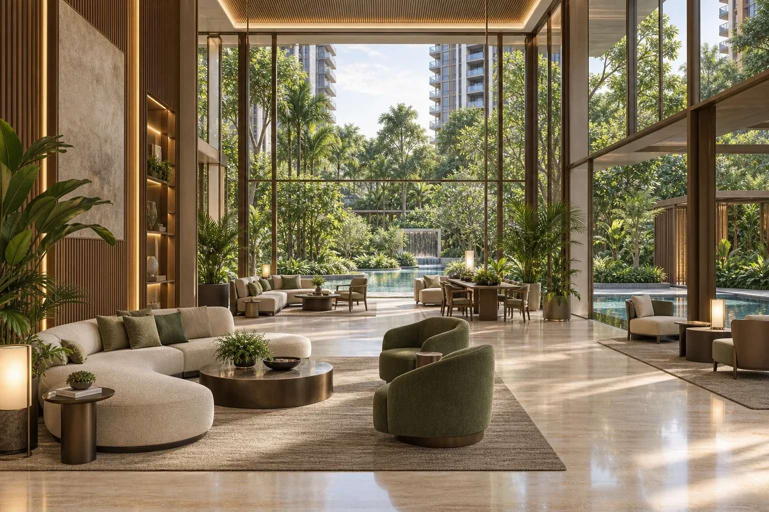 Artistic impression of a double-height clubhouse lounge opening onto the pool at Dorset Gardens