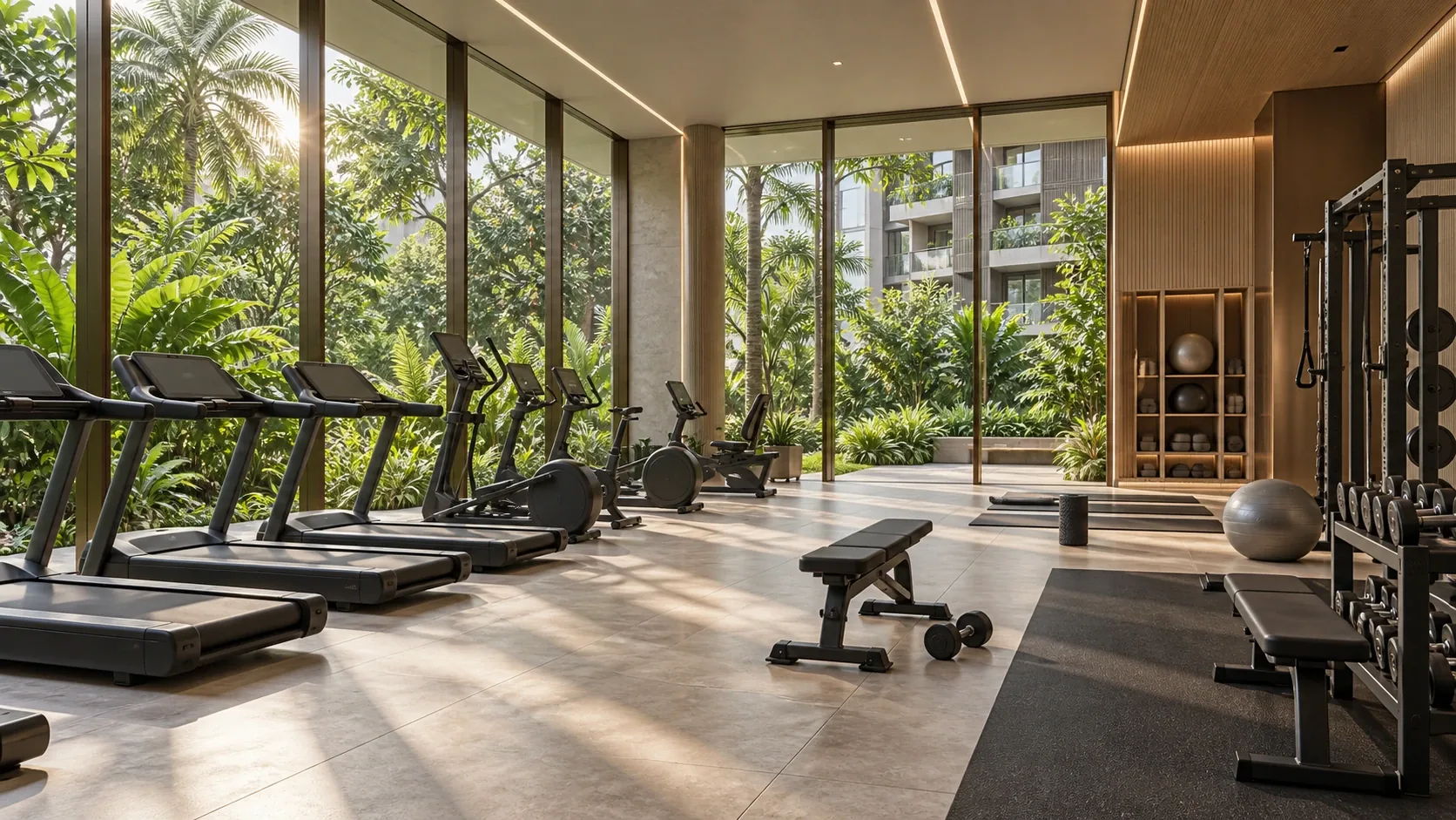 Artistic impression of a glass-walled residents' gym facing tropical planting at Dorset Gardens