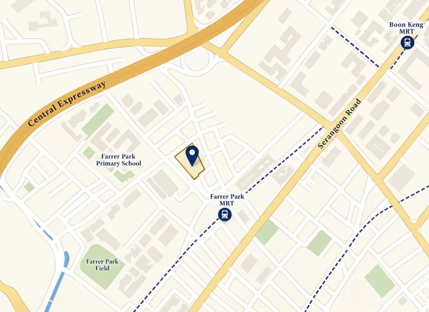 Location map of Dorset Gardens near Farrer Park MRT, Farrer Park Primary School, Farrer Park Field, Serangoon Road and the Central Expressway