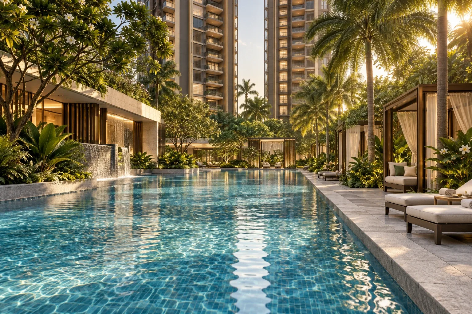 Artistic impression of a palm-lined pool deck with cabanas at Dorset Gardens
